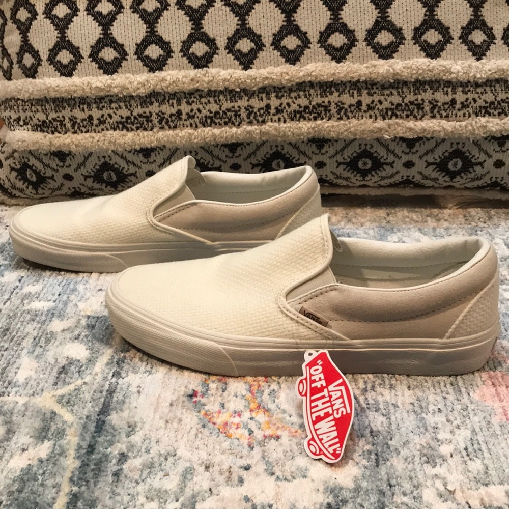 Vans® Classic Slip-On in White Suede and Canvas